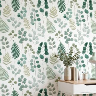Eucalyptus and Fern Botanical Wallpaper, Minimalist Sage Green Peel and Stick Wallpaper, Removable Wall Mural for Bedroom Accent Wall