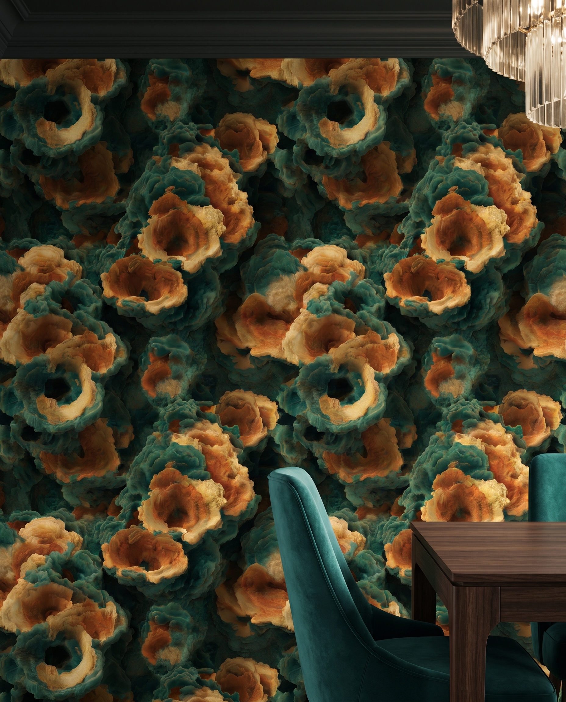 Teal and Orange Abstract Coral Reef Wallpaper, 3D Textured Fungi Wall Mural, Removable Peel and Stick for a Dramatic Accent Wall