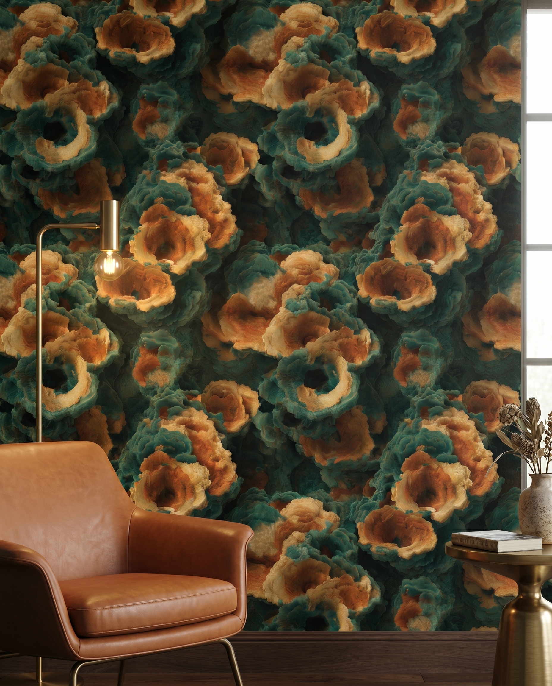 Teal and Orange Abstract Coral Reef Wallpaper, 3D Textured Fungi Wall Mural, Removable Peel and Stick for a Dramatic Accent Wall
