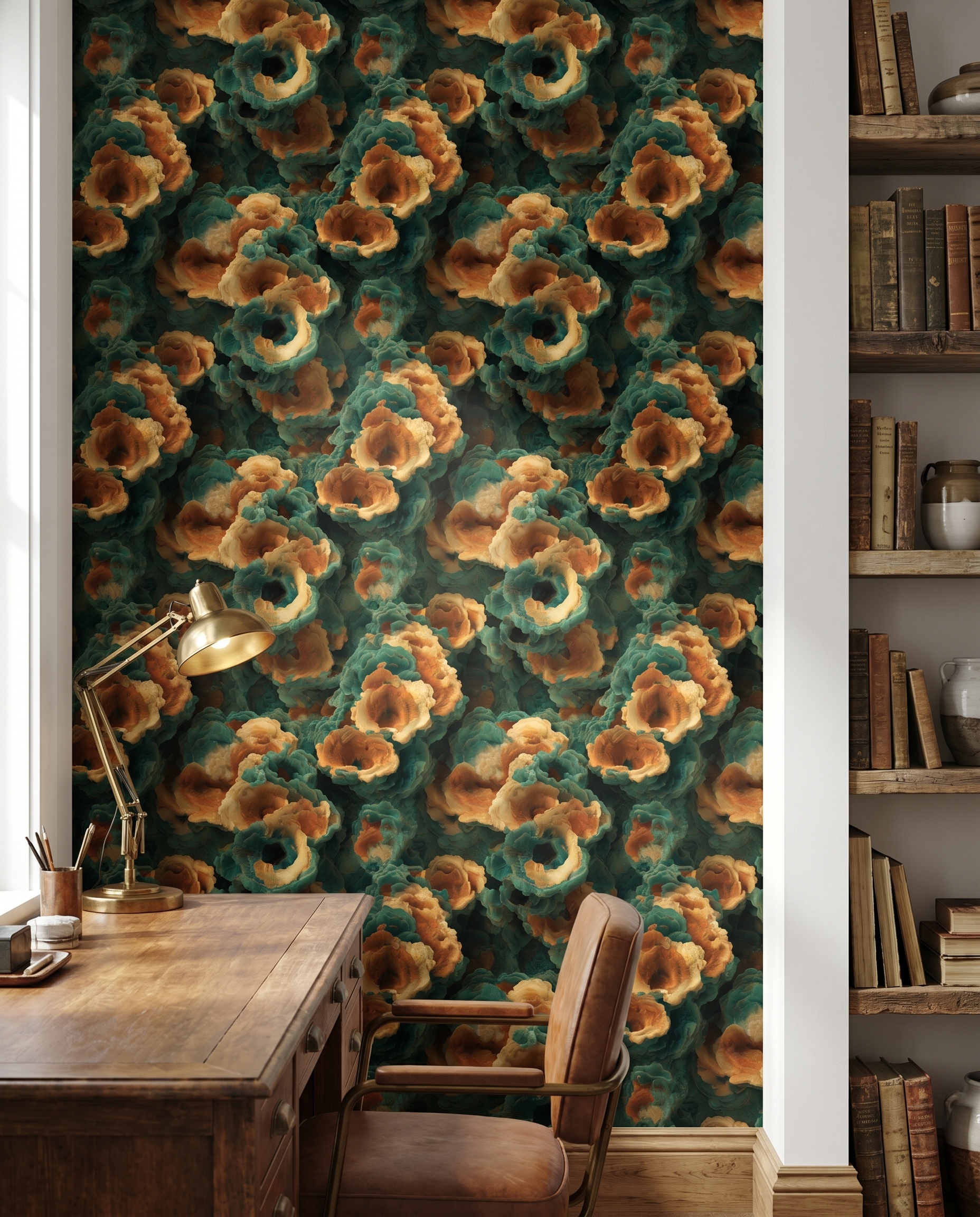 Teal and Orange Abstract Coral Reef Wallpaper, 3D Textured Fungi Wall Mural, Removable Peel and Stick for a Dramatic Accent Wall
