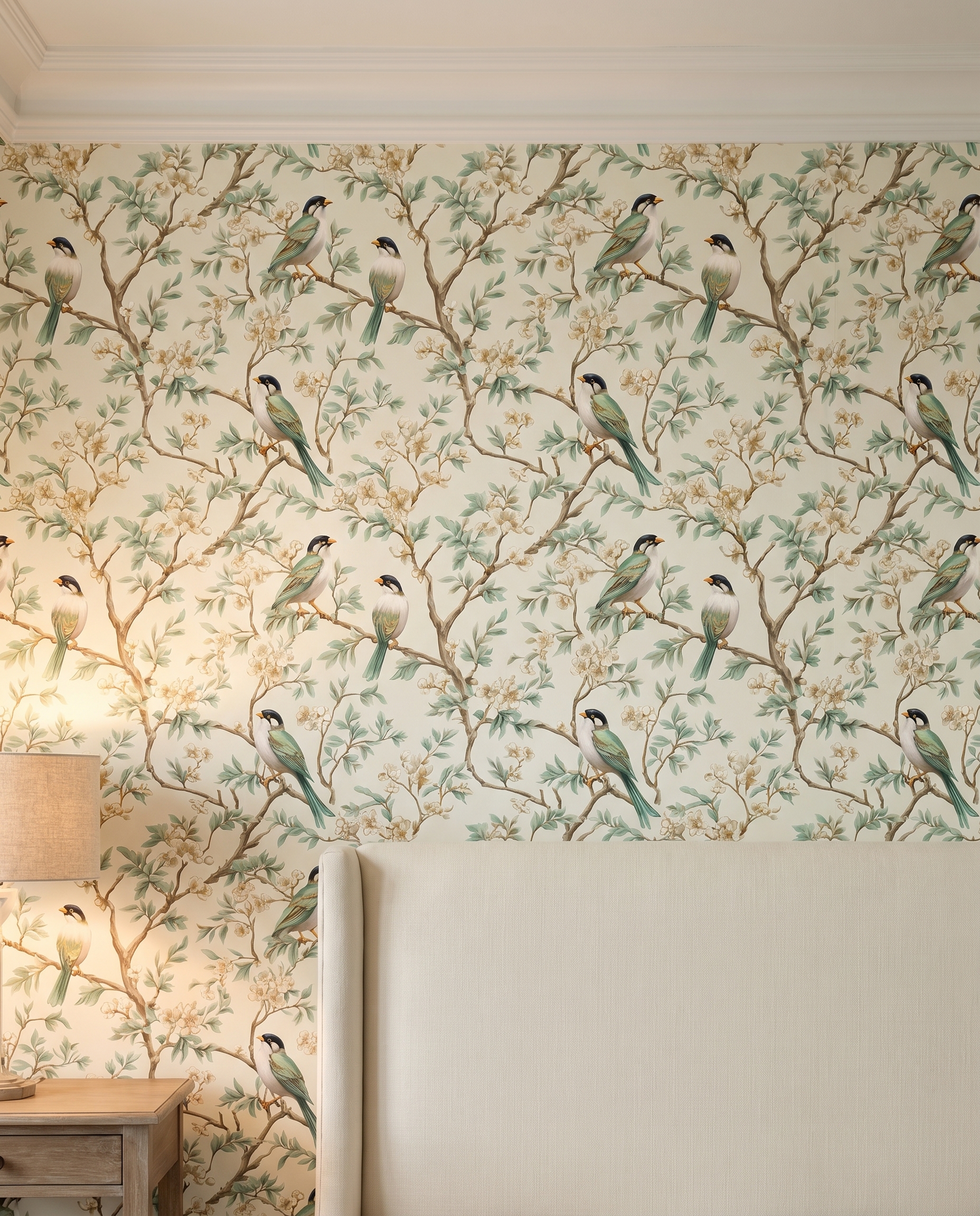 Chinoiserie Birds and Blossoms Wallpaper in Mint Green, Vintage Style Peel and Stick Wallpaper, Removable Wall Mural for Bedroom Accent Wall