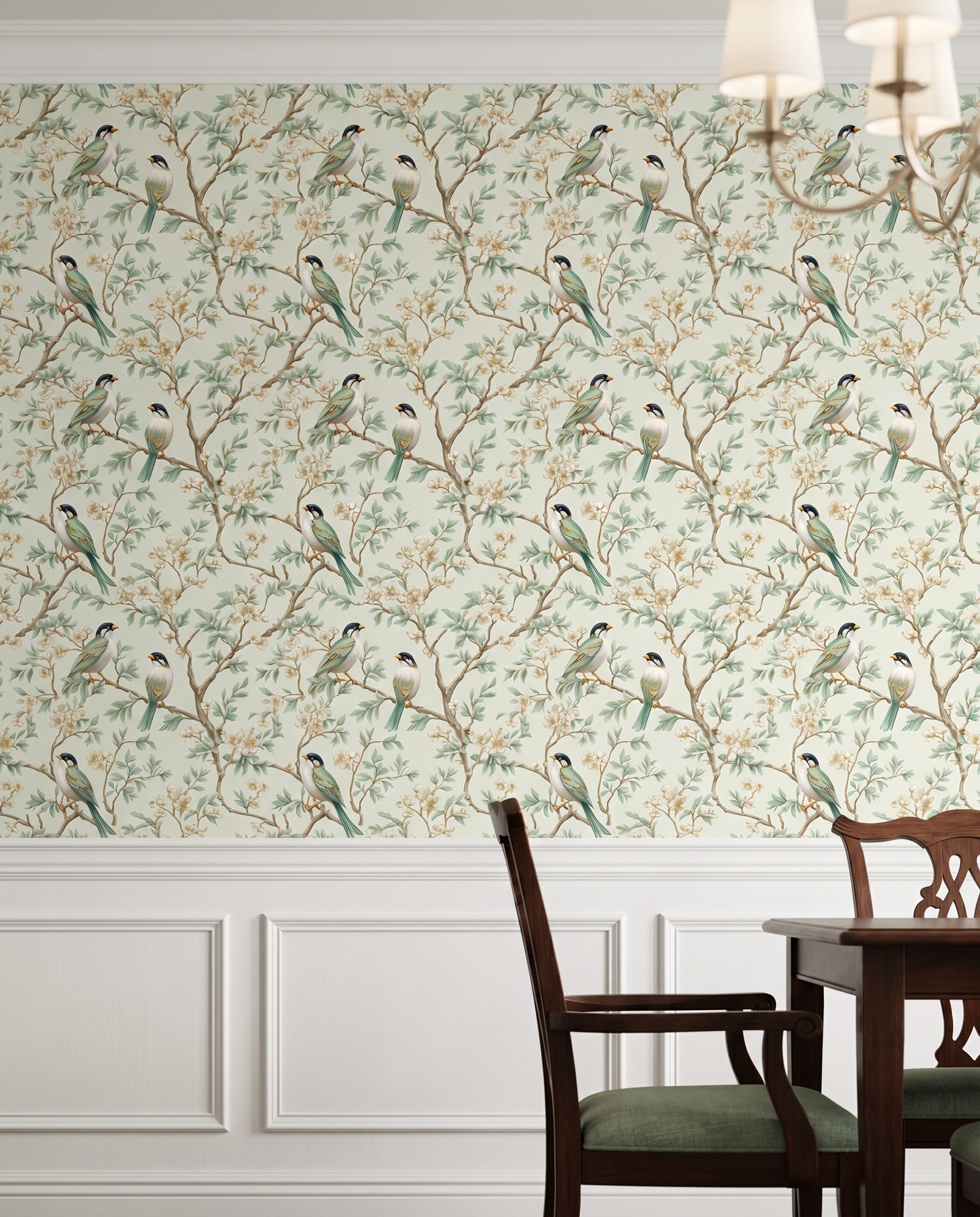 Chinoiserie Birds and Blossoms Wallpaper in Mint Green, Vintage Style Peel and Stick Wallpaper, Removable Wall Mural for Bedroom Accent Wall