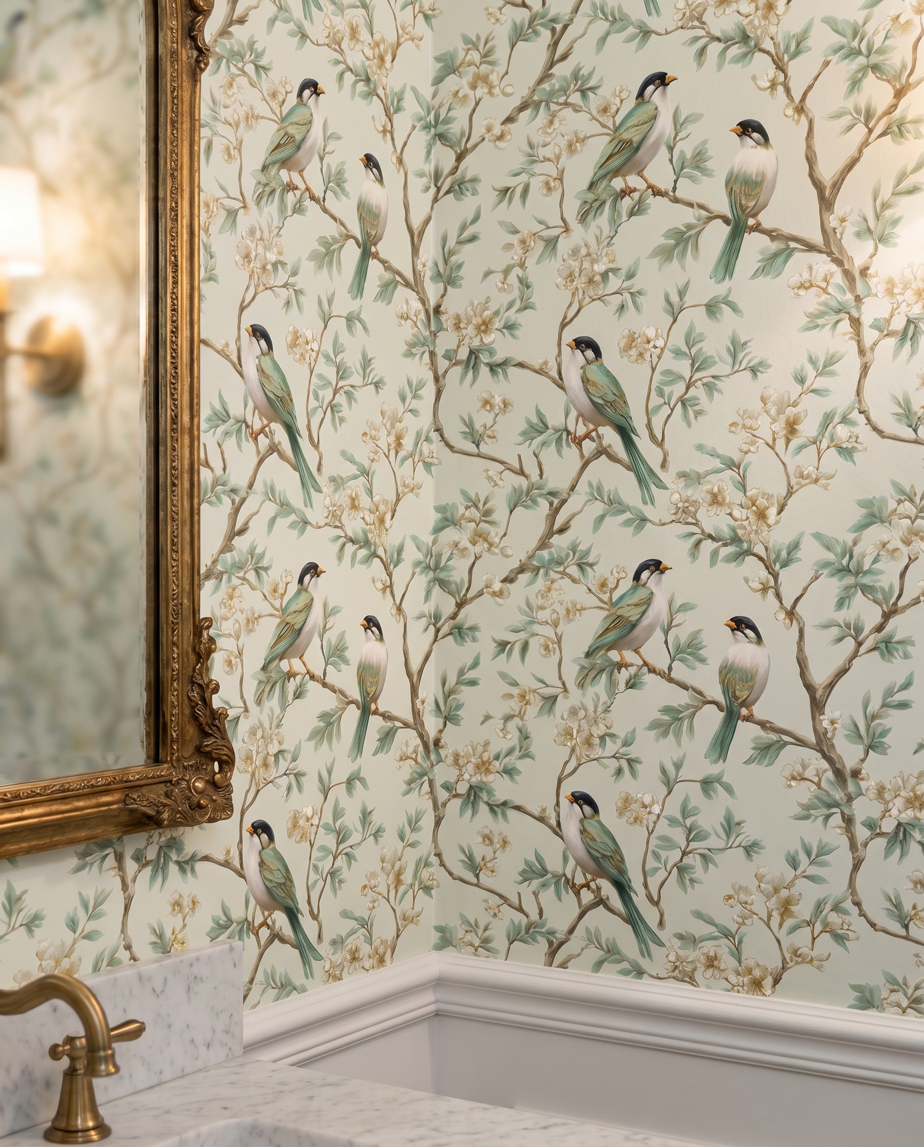 Chinoiserie Birds and Blossoms Wallpaper in Mint Green, Vintage Style Peel and Stick Wallpaper, Removable Wall Mural for Bedroom Accent Wall