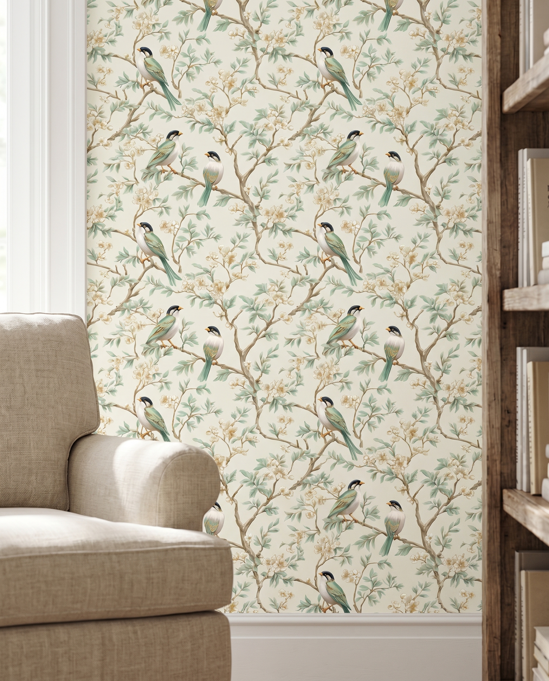 Chinoiserie Birds and Blossoms Wallpaper in Mint Green, Vintage Style Peel and Stick Wallpaper, Removable Wall Mural for Bedroom Accent Wall