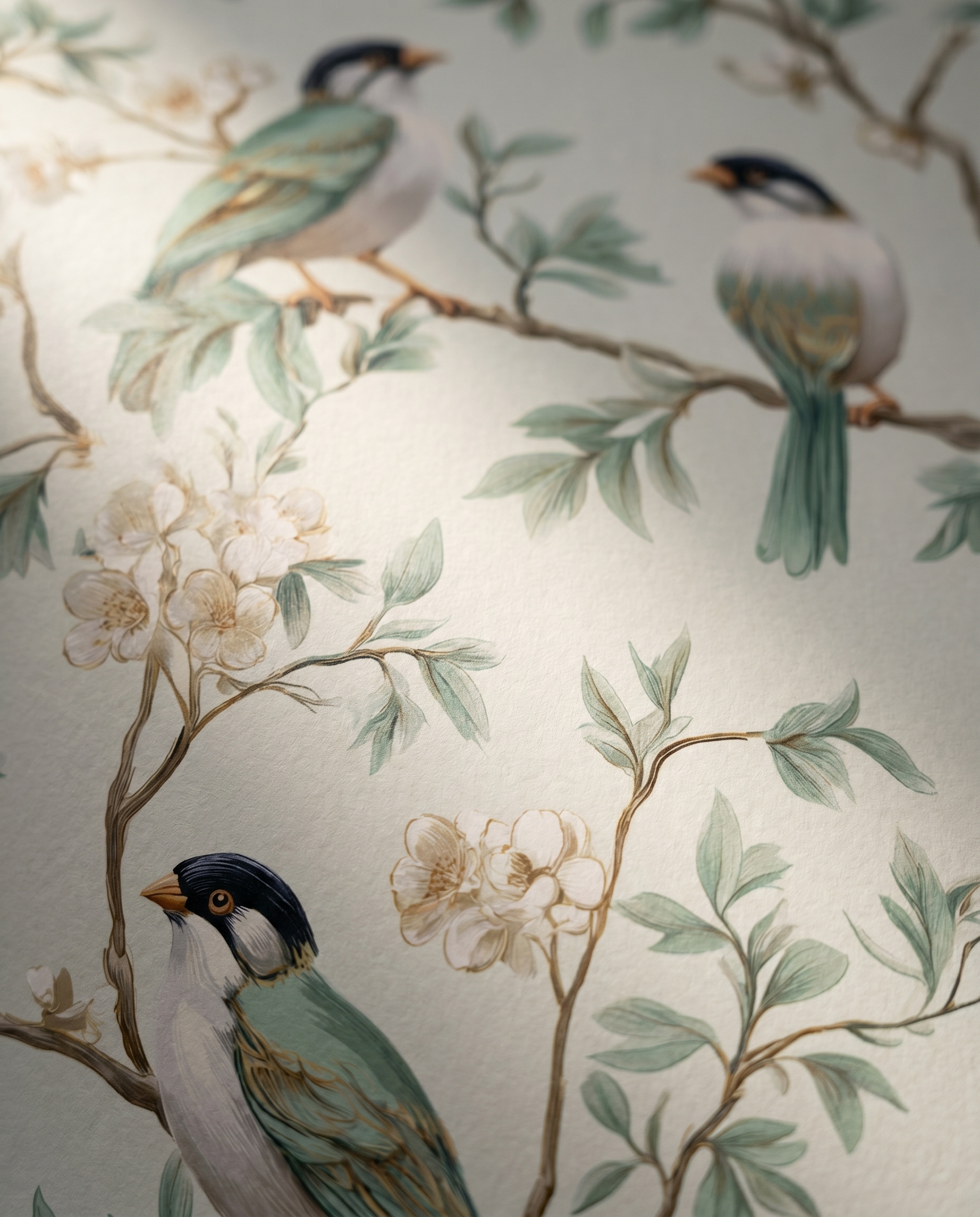 Chinoiserie Birds and Blossoms Wallpaper in Mint Green, Vintage Style Peel and Stick Wallpaper, Removable Wall Mural for Bedroom Accent Wall