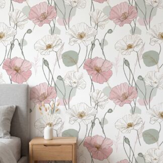 Delicate Poppy Line Art Wallpaper in Pink and Sage, Contemporary Floral Peel and Stick Wallpaper for a Serene Bedroom Accent Wall