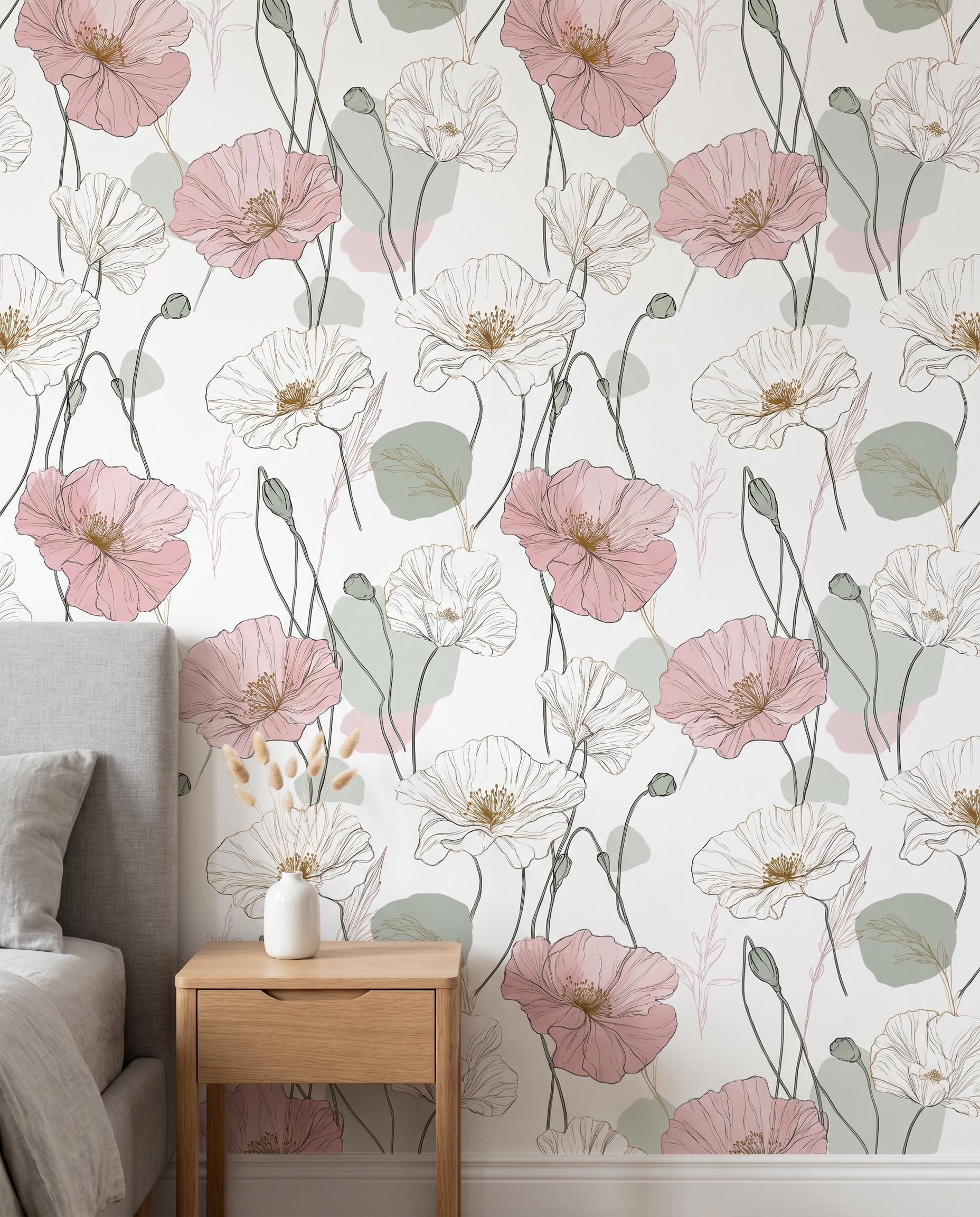 Delicate Poppy Line Art Wallpaper in Pink and Sage, Contemporary Floral Peel and Stick Wallpaper for a Serene Bedroom Accent Wall