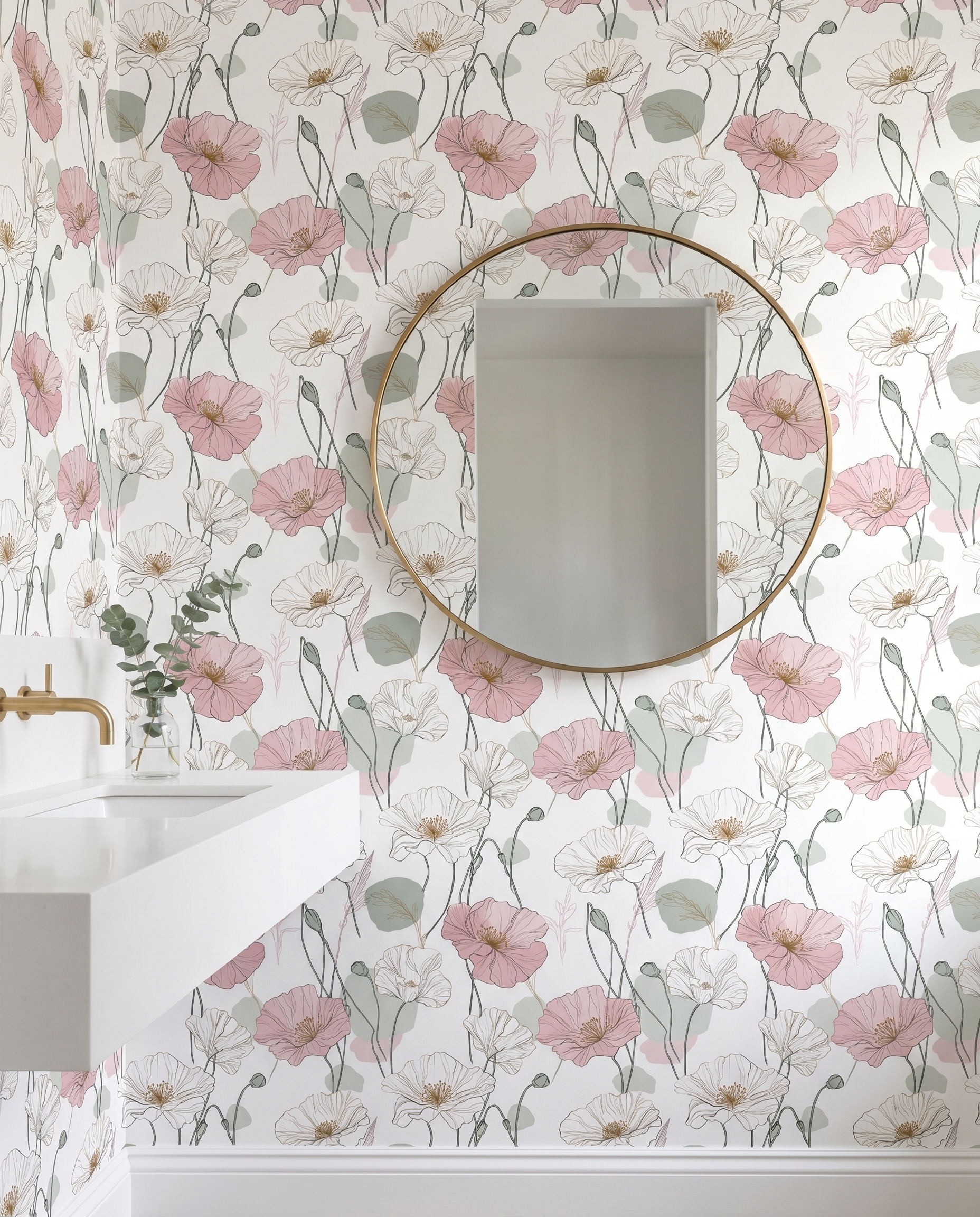 Delicate Poppy Line Art Wallpaper in Pink and Sage, Contemporary Floral Peel and Stick Wallpaper for a Serene Bedroom Accent Wall