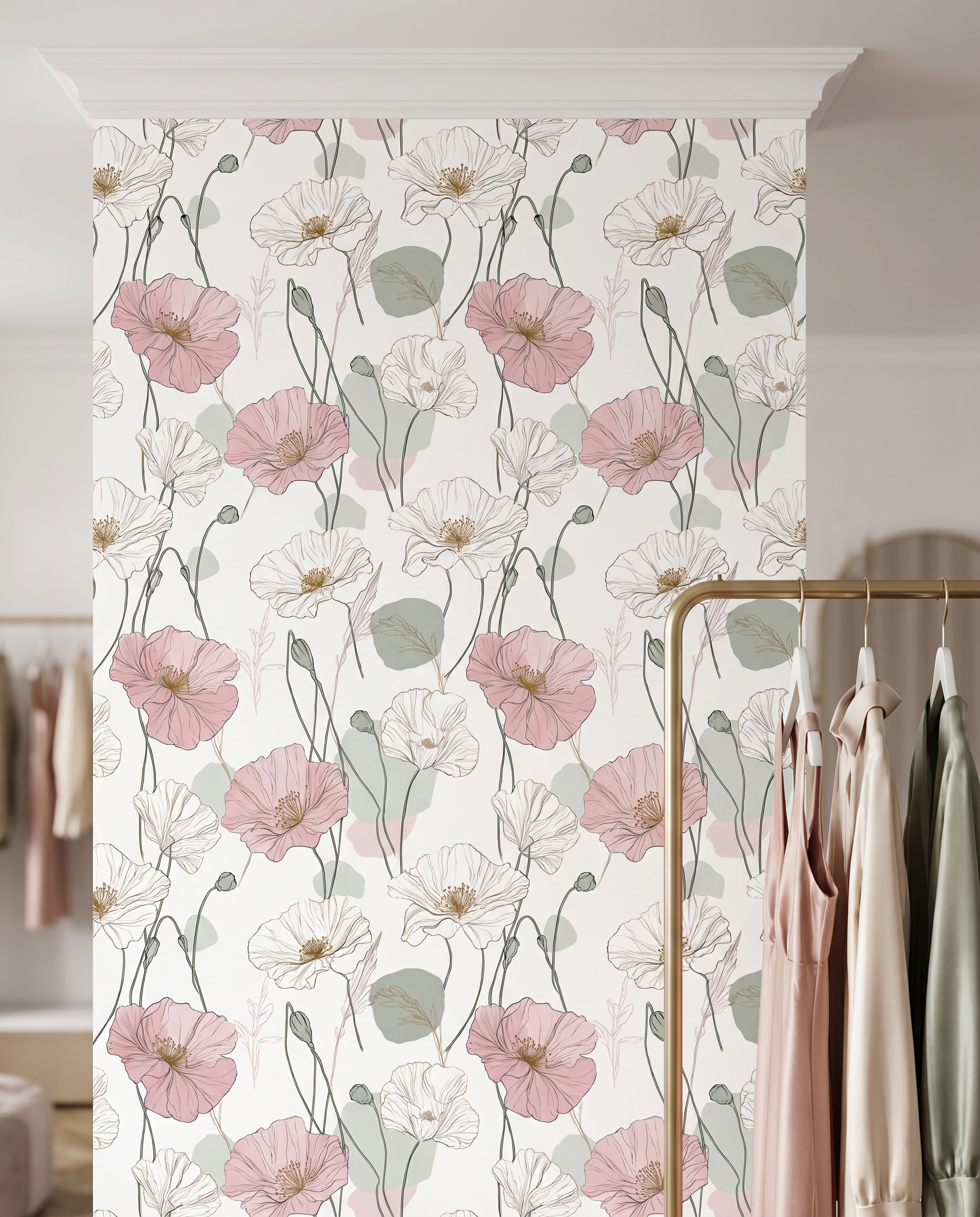 Delicate Poppy Line Art Wallpaper in Pink and Sage, Contemporary Floral Peel and Stick Wallpaper for a Serene Bedroom Accent Wall