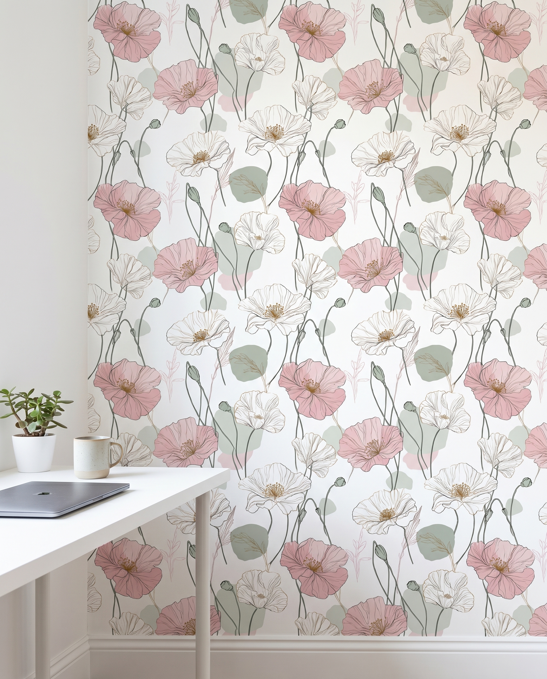 Delicate Poppy Line Art Wallpaper in Pink and Sage, Contemporary Floral Peel and Stick Wallpaper for a Serene Bedroom Accent Wall