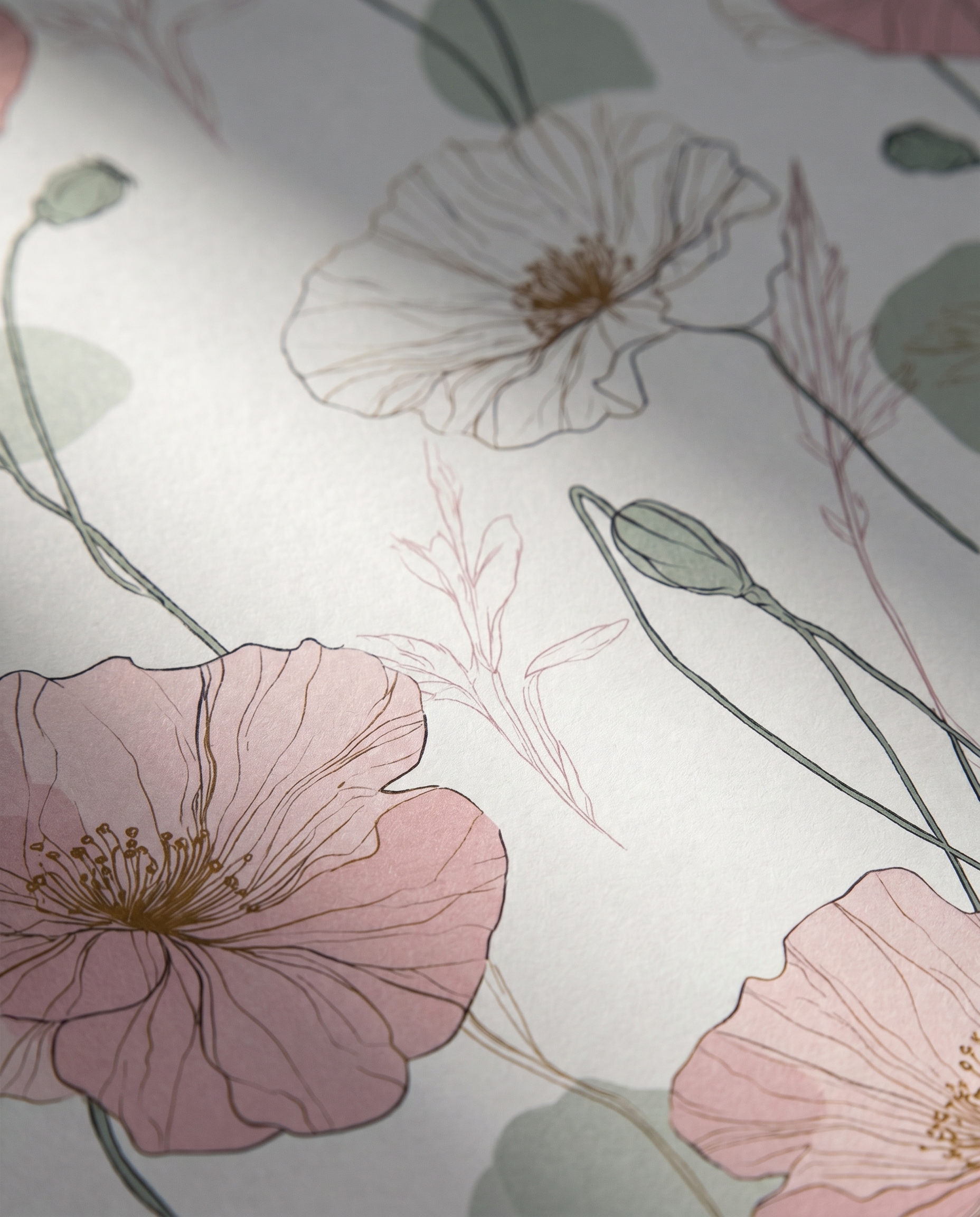 Delicate Poppy Line Art Wallpaper in Pink and Sage, Contemporary Floral Peel and Stick Wallpaper for a Serene Bedroom Accent Wall