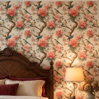 Chinoiserie Peony and Bird Wallpaper, Vintage Pink Floral Design, Peel and Stick Wall Mural for Bedroom or Powder Room Accent Wall