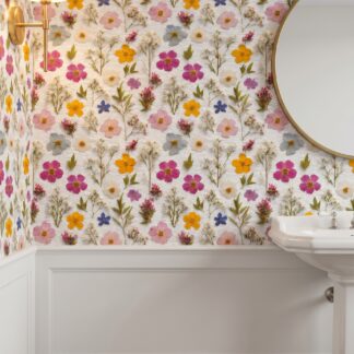 Pressed Wildflower Wallpaper, Colorful Botanical Floral Print, Self Adhesive Removable Wall Mural for Bedroom or Nursery Accent Wall