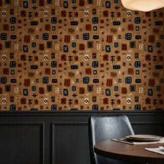 Earthy Tribal Symbols Wallpaper in Brown and Navy, Abstract Mudcloth Peel and Stick Wallpaper for a Rustic Accent Wall