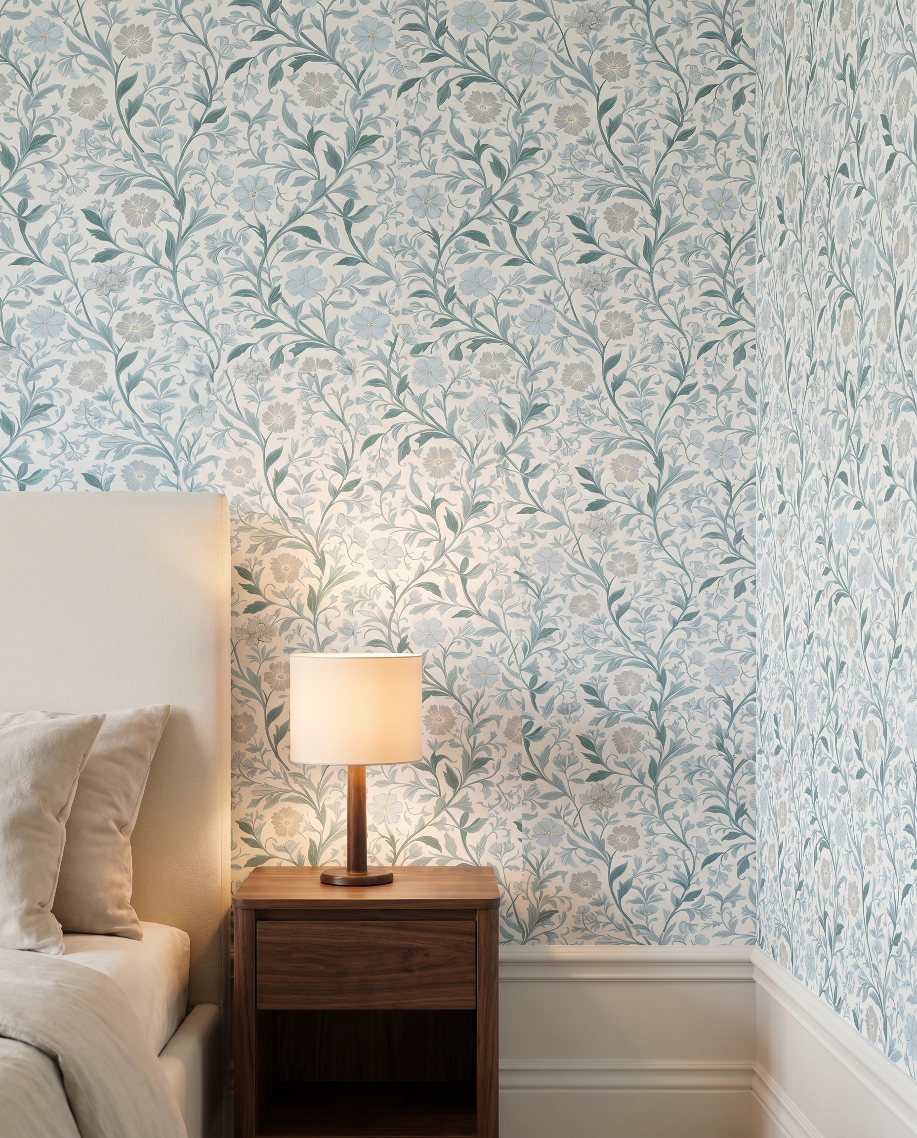 Vintage Floral Vine Wallpaper in Blue and Sage Green, Removable Peel and Stick Wallpaper, Classic Botanical Design for Bedroom Accent Wall