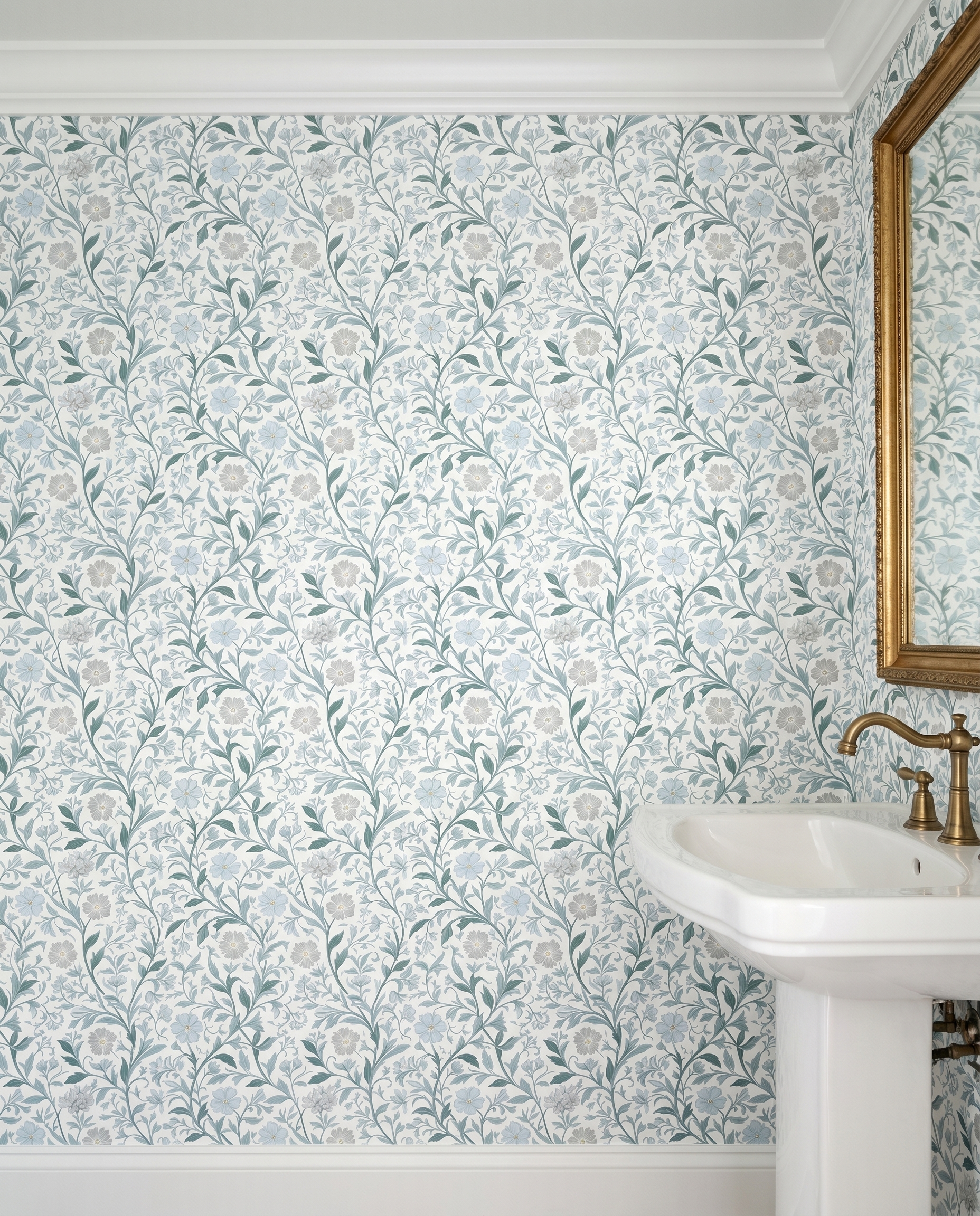 Vintage Floral Vine Wallpaper in Blue and Sage Green, Removable Peel and Stick Wallpaper, Classic Botanical Design for Bedroom Accent Wall