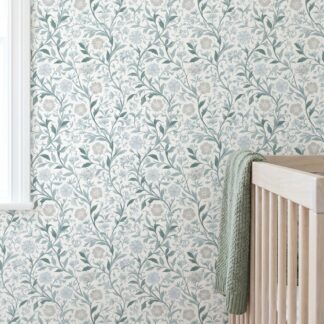 Vintage Floral Vine Wallpaper in Blue and Sage Green, Removable Peel and Stick Wallpaper, Classic Botanical Design for Bedroom Accent Wall