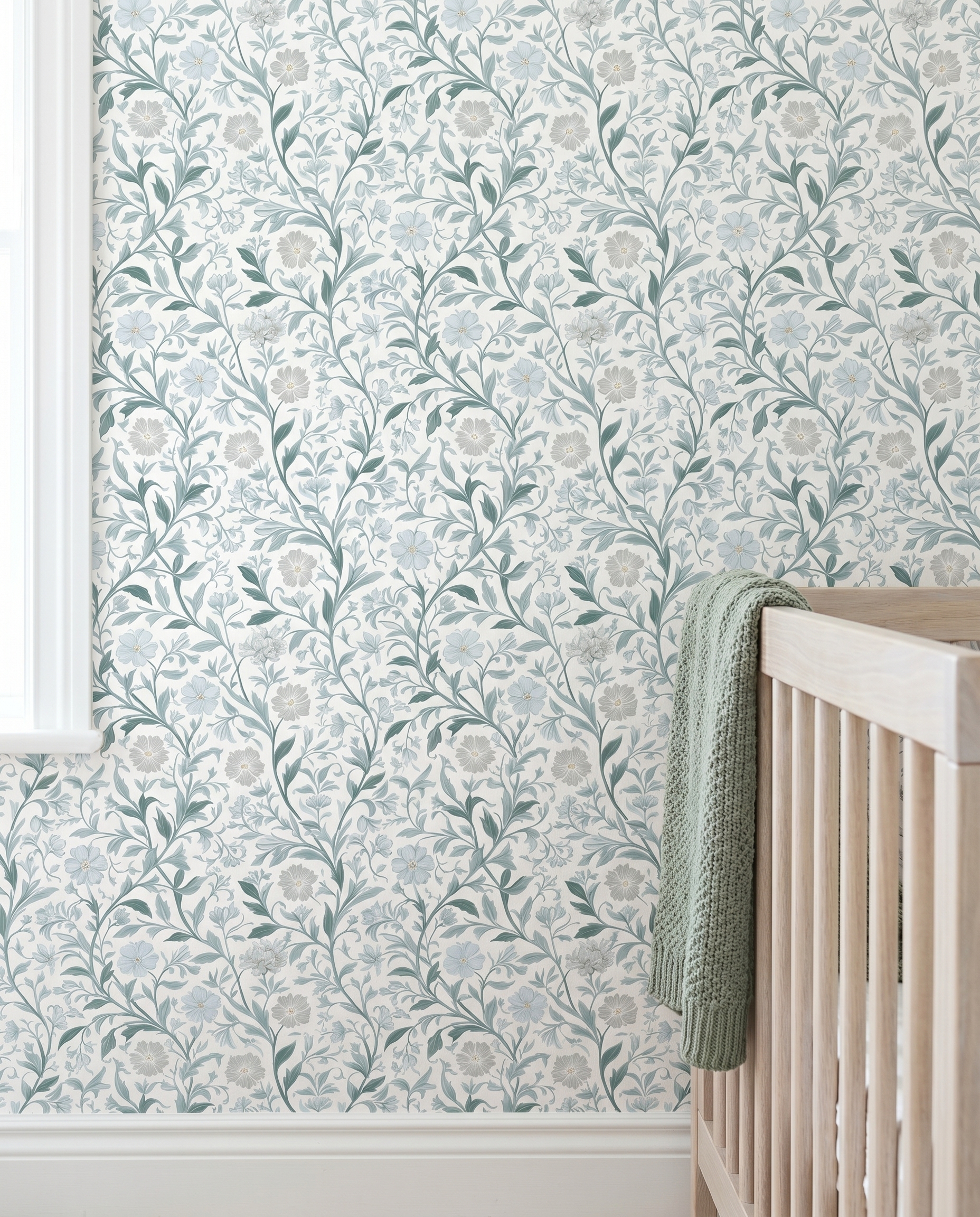 Vintage Floral Vine Wallpaper in Blue and Sage Green, Removable Peel and Stick Wallpaper, Classic Botanical Design for Bedroom Accent Wall
