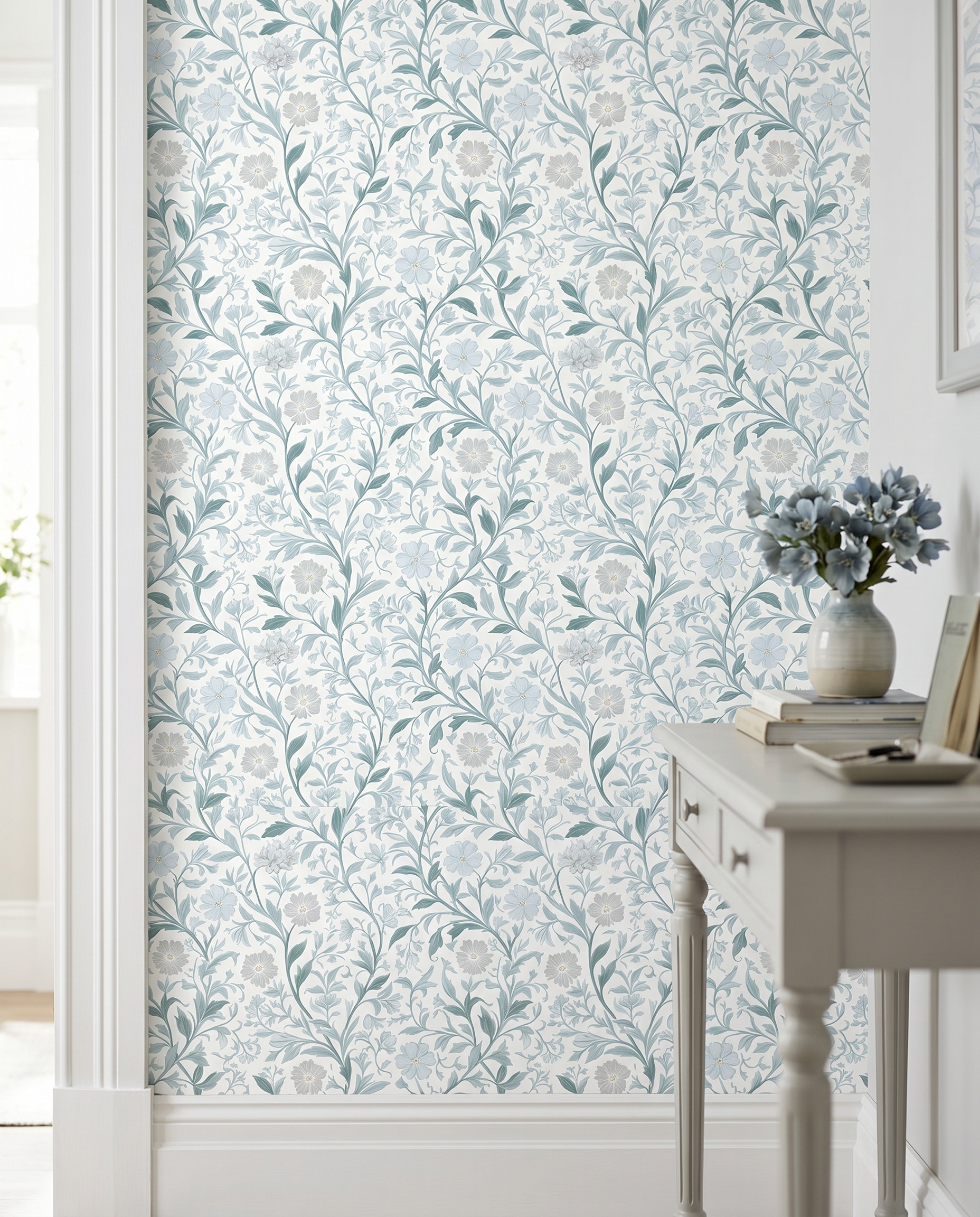 Vintage Floral Vine Wallpaper in Blue and Sage Green, Removable Peel and Stick Wallpaper, Classic Botanical Design for Bedroom Accent Wall