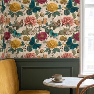 Vintage Butterfly Garden Wallpaper, Colorful Botanical Floral Peel and Stick Wallpaper, Removable Wall Mural for Bedroom Accent Wall