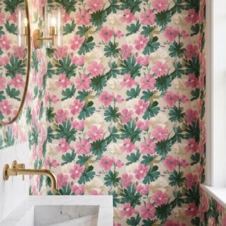 Vintage Floral Wallpaper in Pink and Green, Retro Botanical Design, Removable Peel and Stick Wallpaper for a Cheerful Bedroom Accent Wall