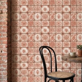 Vintage Terracotta Tile Wallpaper, Rustic Mediterranean Floral Medallions, Peel and Stick Removable Wallpaper for Kitchen or Powder Room