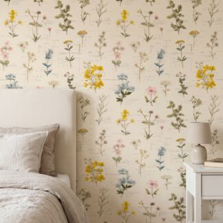 Vintage Botanical Illustrations Wallpaper, Wildflower Study on Cream, Removable Peel and Stick Wallpaper for Bedroom or Powder Room Accent Wall