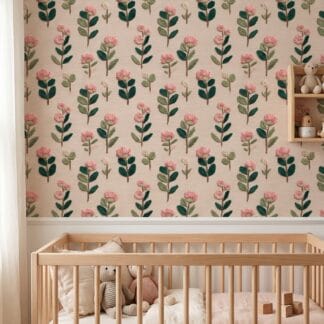 Embroidered Floral Wallpaper, Vintage Stitched Flowers in Pink and Green, Removable Peel and Stick Wallpaper for Nursery or Bedroom Accent Wall