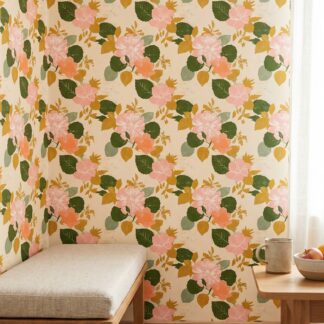 Vintage Block Print Floral Wallpaper in Pink and Green, Removable Peel and Stick Wallpaper for a Bedroom Accent Wall