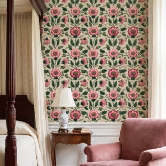 Vintage Embroidered Floral Wallpaper in Pink and Green, Traditional Crewelwork Peel and Stick Wallpaper for a Bedroom Accent Wall