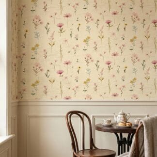 Vintage Botanical Wildflower Wallpaper, Cream and Pink Herbarium Floral Print, Peel and Stick Wallpaper for Bedroom or Nursery Accent Wall