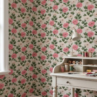 Embroidered Floral Wallpaper in Pink and Green, Vintage Needlepoint Peel and Stick Wallpaper for Bedroom or Nursery Accent Wall