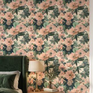 Vintage Floral Wallpaper in Blush Pink and Sage Green, Romantic Botanical Peel and Stick Wallpaper for a Bedroom Accent Wall