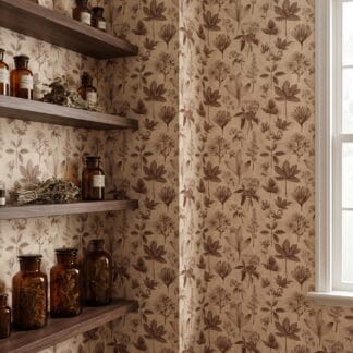 Vintage Botanical Illustration Wallpaper, Sepia Floral and Leaf Line Art, Removable Peel and Stick Wallpaper for a Study or Accent Wall