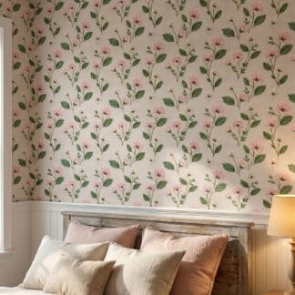 Embroidered Floral Wallpaper in Pink and Green, Vintage Stitched Peel and Stick Wallpaper, Removable Wall Mural for Bedroom Accent Wall
