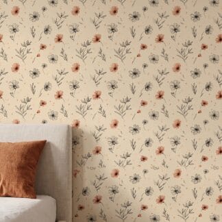 Line Art Wildflower Wallpaper, Botanical Sketch in Terracotta and Beige, Peel and Stick Wallpaper, Removable Mural for Bedroom Accent Wall