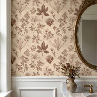 Vintage Botanical Sketch Wallpaper, Brown Floral Line Art, Peel and Stick Wallpaper, Removable Wall Mural for Bedroom or Study Accent Wall