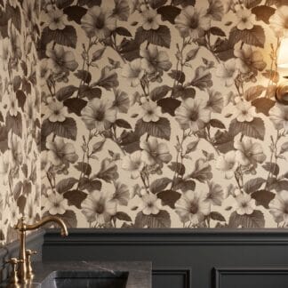 Vintage Floral Engraving Wallpaper in Sepia Brown, Botanical Peel and Stick Wallpaper, Removable Wall Mural for a Bedroom Accent Wall