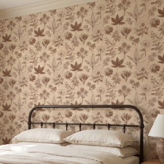 Vintage Botanical Engraving Wallpaper in Sepia Brown, Floral and Leaf Removable Wallpaper for a Study or Living Room Accent Wall