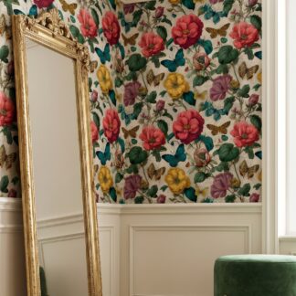 Vintage Floral and Butterfly Wallpaper in Jewel Tones, Engraving Style Peel and Stick Wallpaper, Removable Wall Mural for Bedroom Accent Wall