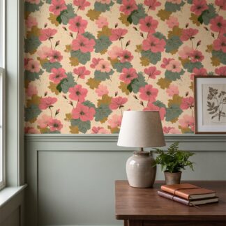 Vintage Geranium Floral Wallpaper in Pink and Green, Removable Peel and Stick Wallpaper for a Botanical Bedroom or Accent Wall