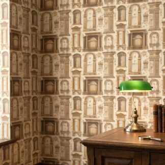 Vintage Architectural Study Wallpaper in Beige and Gold, Peel and Stick Wallpaper, Removable Mural for a Study Accent Wall