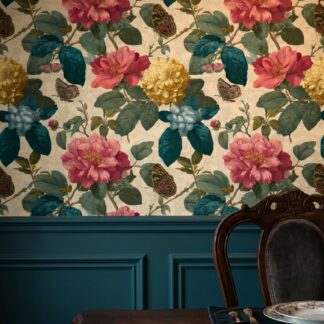 Vintage Botanical Floral Wallpaper with Butterflies, Pink and Teal Peel and Stick Wallpaper, Removable Wall Mural for a Romantic Bedroom Accent Wall