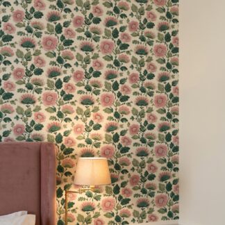 Vintage Jacobean Floral Wallpaper in Pink and Green, Textured Embroidered Peel and Stick Wallpaper for a Classic Bedroom Accent Wall