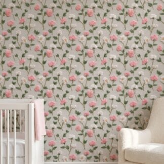 Embroidered Floral Wallpaper in Pink and White, Vintage Stitch Peel and Stick Wallpaper for Nursery, Bedroom Accent Wall