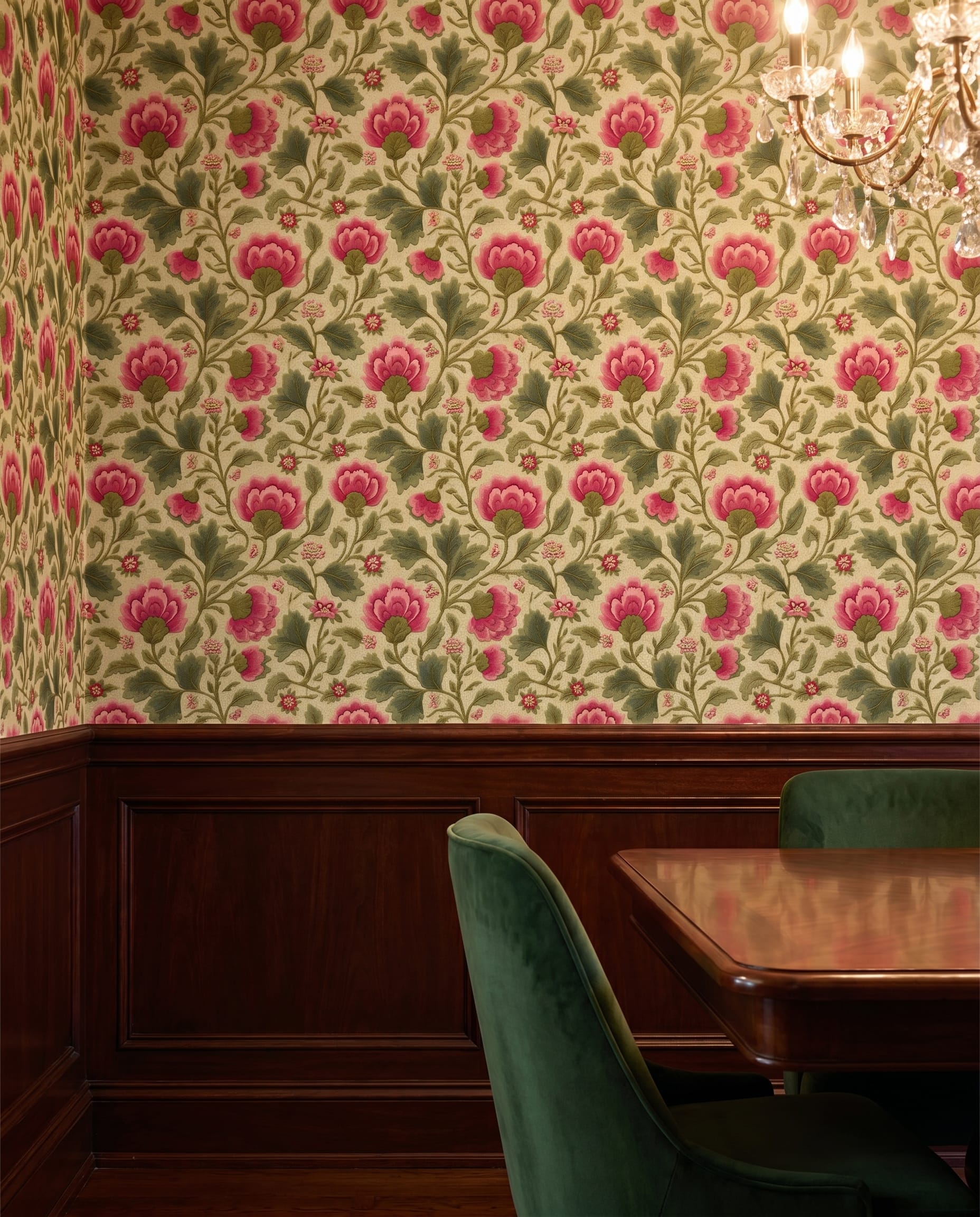 Vintage Embroidered Floral Wallpaper in Pink and Green, Removable Peel and Stick Wallpaper for a Classic Bedroom Accent Wall