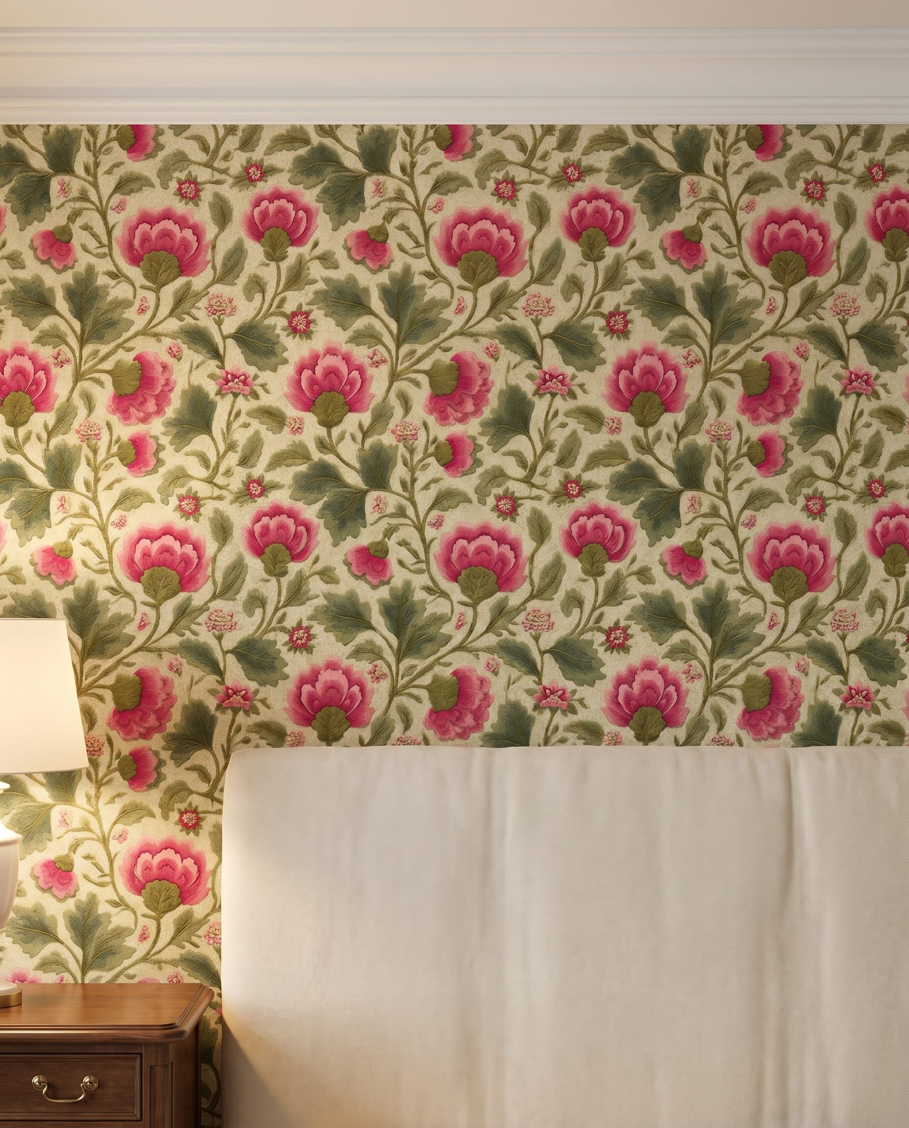 Vintage Embroidered Floral Wallpaper in Pink and Green, Removable Peel and Stick Wallpaper for a Classic Bedroom Accent Wall