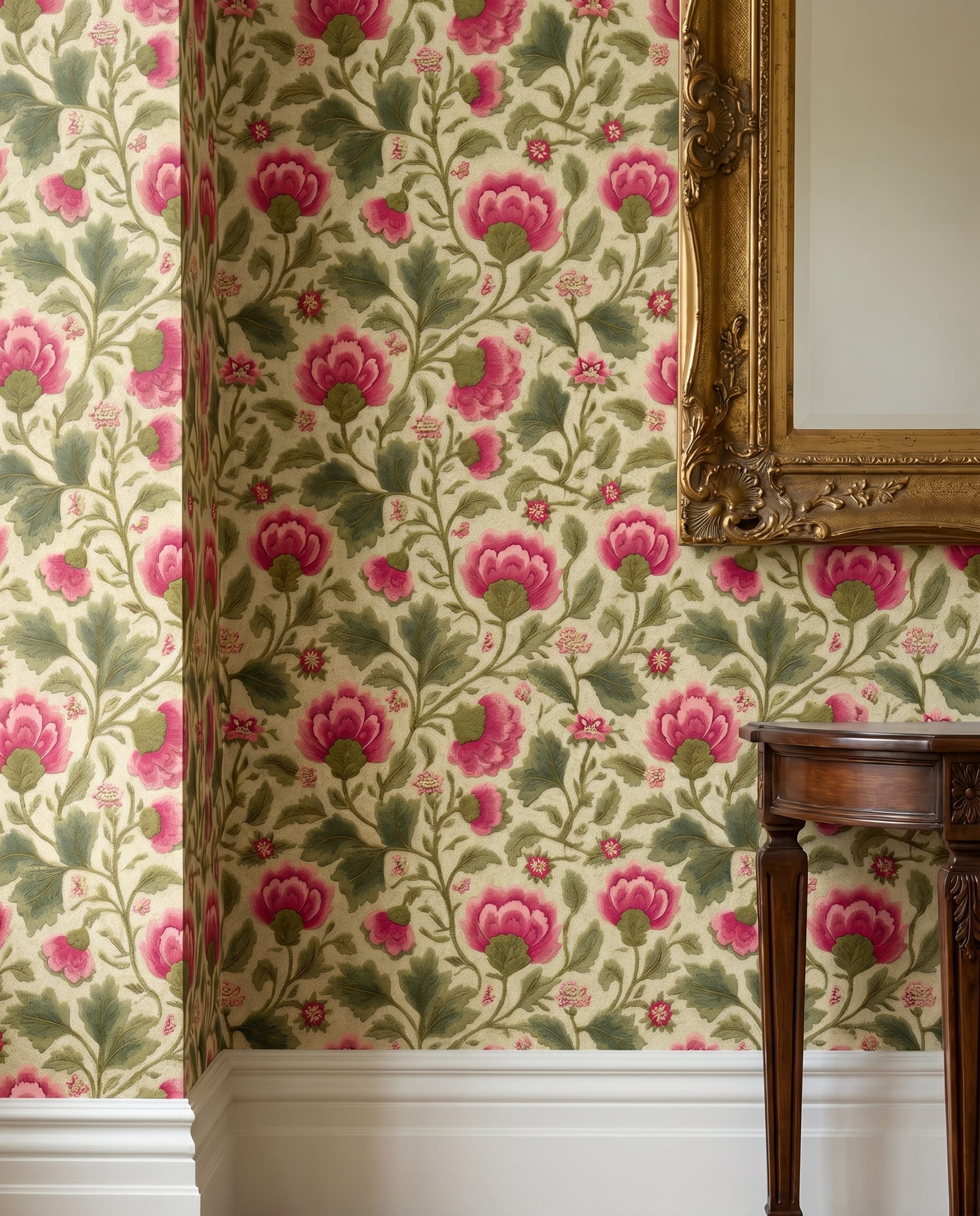 Vintage Embroidered Floral Wallpaper in Pink and Green, Removable Peel and Stick Wallpaper for a Classic Bedroom Accent Wall
