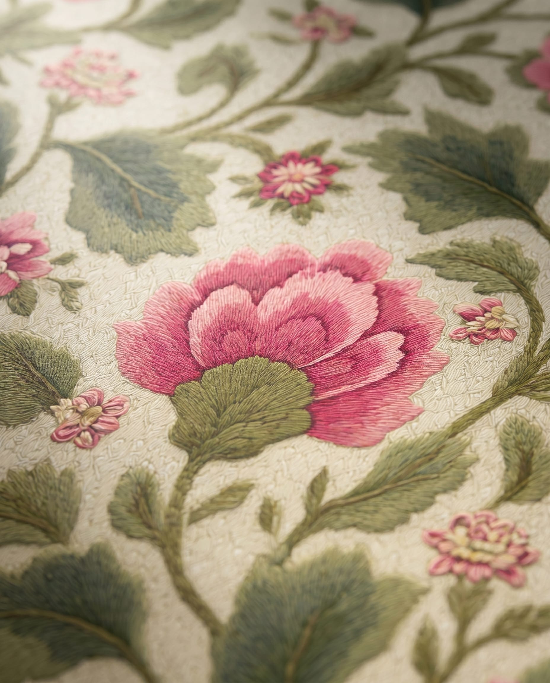 Vintage Embroidered Floral Wallpaper in Pink and Green, Removable Peel and Stick Wallpaper for a Classic Bedroom Accent Wall