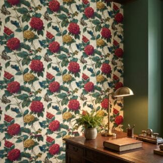 Vintage Floral and Butterfly Wallpaper, Botanical Engraving with Red and Yellow Flowers, Peel and Stick Wallpaper for a Bedroom Accent Wall